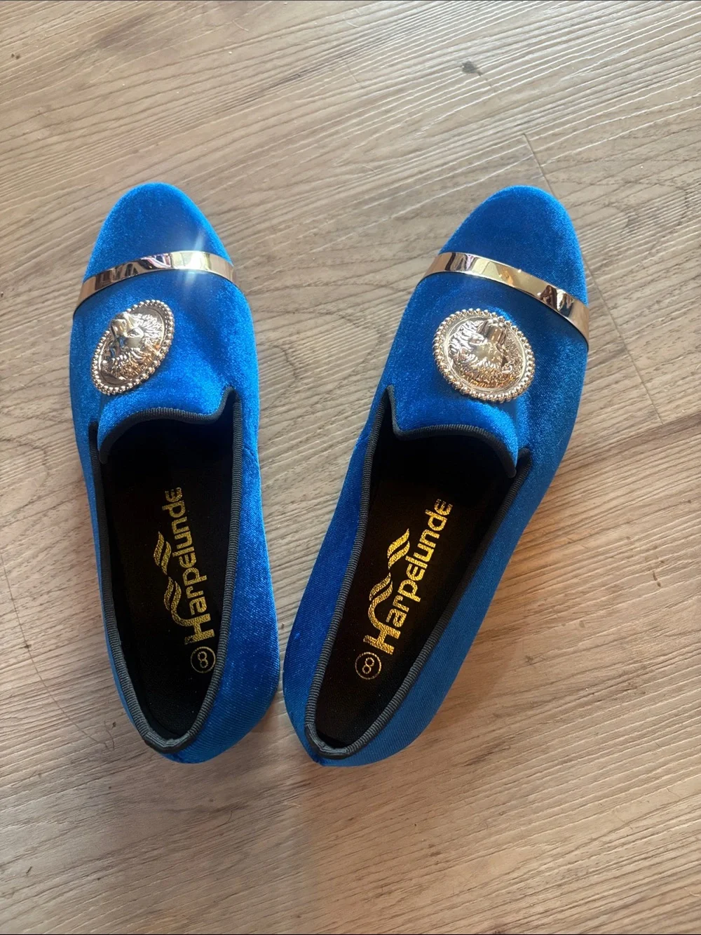 Blue Velvet Men’s Loafers with Gold Medallion Accent for formal size 8 new